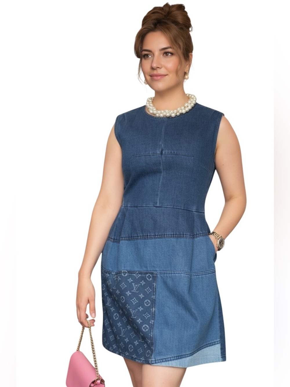 Denim Monogram Dress Sleeveless A-Line Structured Mini Size Small